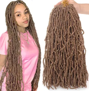 Leeven 18 Inch Synthetic Pre-looped Soft Locs Crochet Braids Hair 7 Packs Extend 27# Blonde Soft Faux Locs Crochet Braiding Hair for Women Curly Wavy Goddess Locs Crochet Hair Extensions