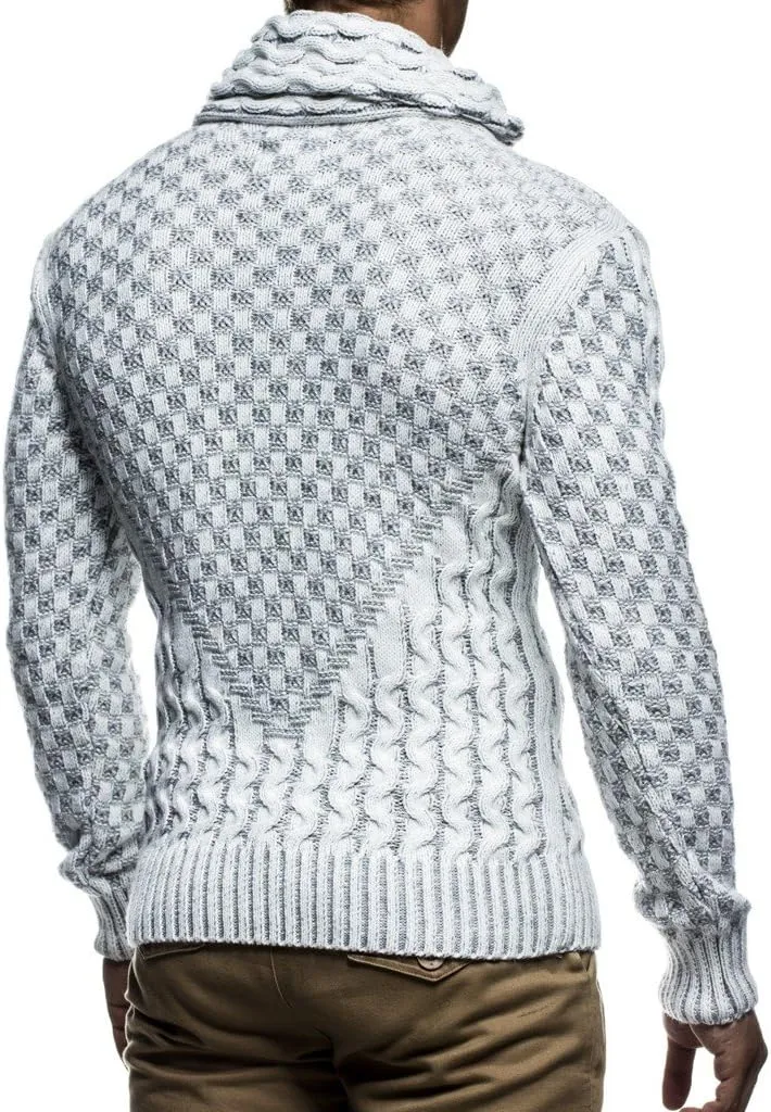Leif Nelson Men’s Knitted Pullover | Long-Sleeved Slim fit Shirt | Basic Sweatshirt with Shawl Collar and Faux Leather