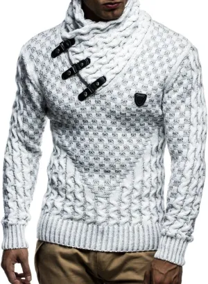Leif Nelson Men’s Knitted Pullover | Long-Sleeved Slim fit Shirt | Basic Sweatshirt with Shawl Collar and Faux Leather