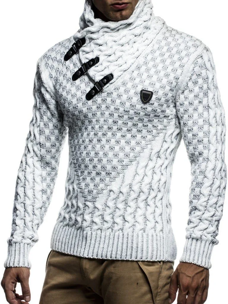 Leif Nelson Men’s Knitted Pullover | Long-Sleeved Slim fit Shirt | Basic Sweatshirt with Shawl Collar and Faux Leather
