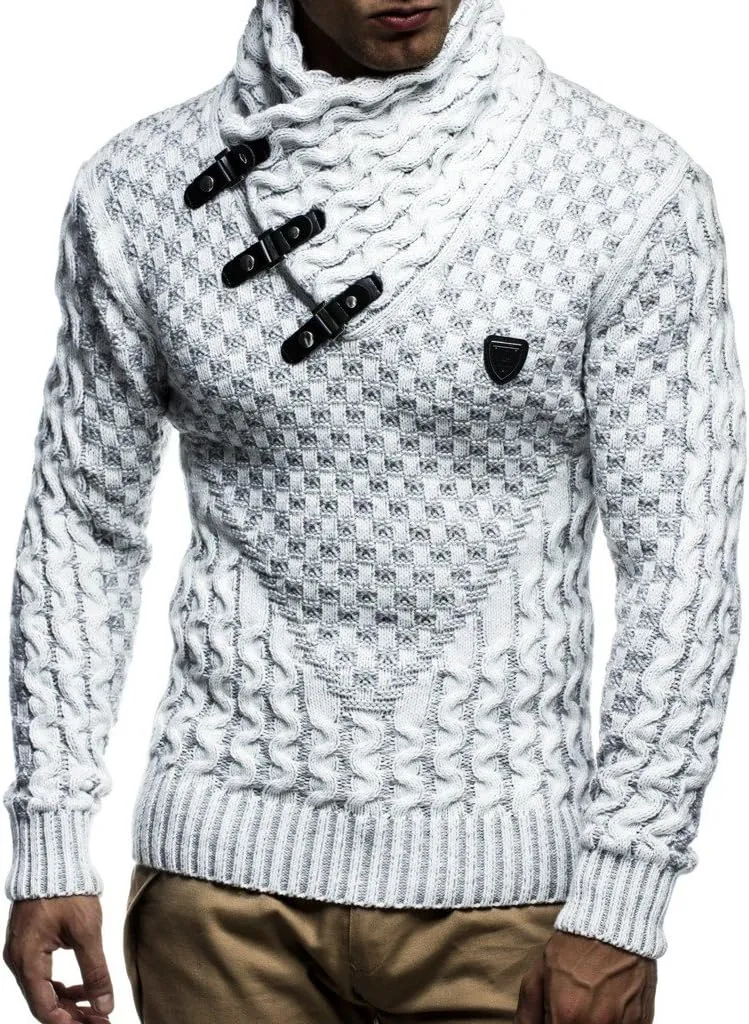 Leif Nelson Men’s Knitted Pullover | Long-Sleeved Slim fit Shirt | Basic Sweatshirt with Shawl Collar and Faux Leather