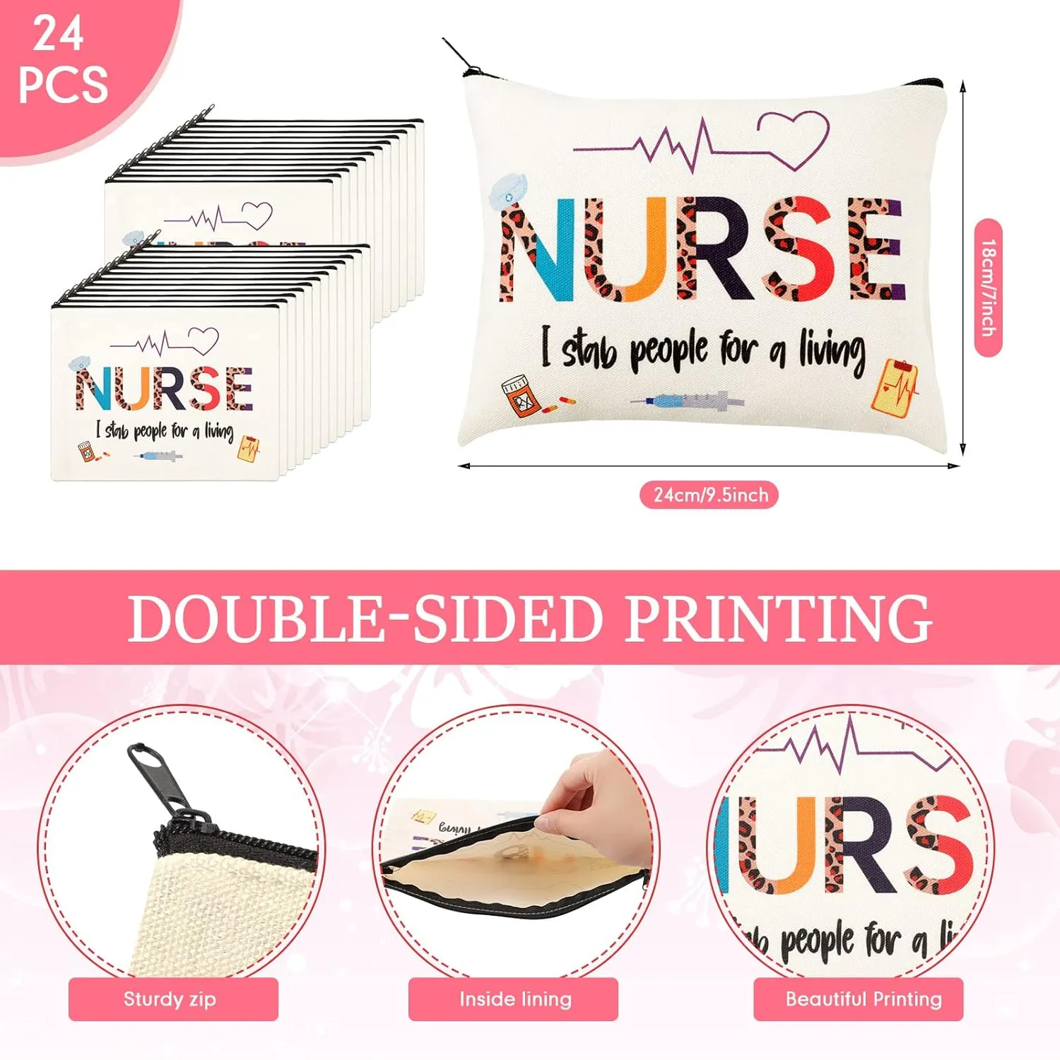 LEIFIDE 24 Pieces Cna Week Gifts Bulk 2025 Nurse Makeup Bags Nurse Appreciation Gift for Women, Canvas Cosmetic Bag Practitioner(Cute Style)