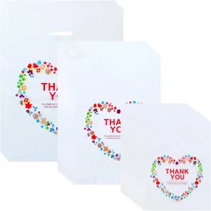Leinuosen 200 Pcs 3 Size Thank You Shopping Bags Bulk Merchandise Small Sales Bags for Small Business Plastic Retail Gift with Handle(Heart)