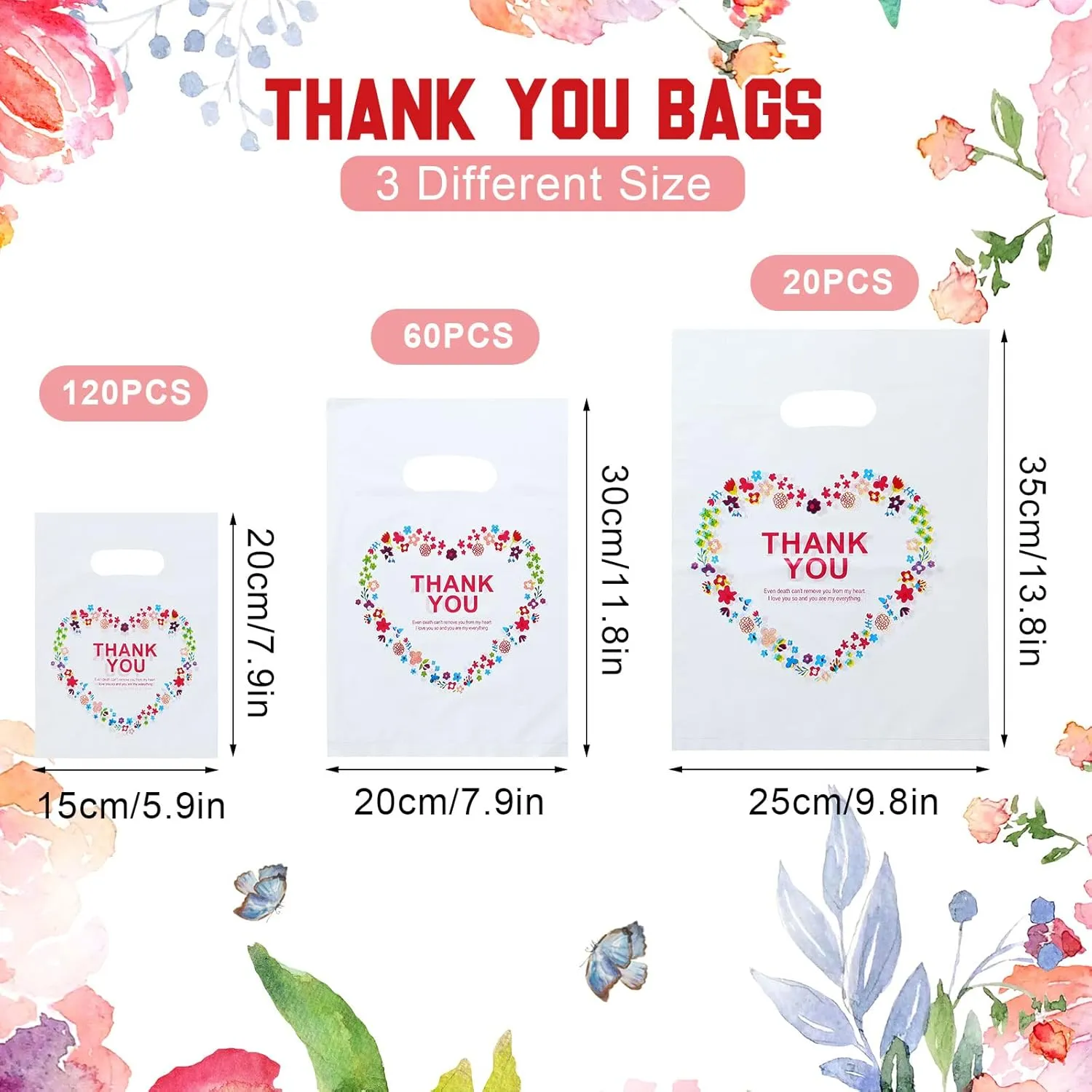 Leinuosen 200 Pcs 3 Size Thank You Shopping Bags Bulk Merchandise Small Sales Bags for Small Business Plastic Retail Gift with Handle(Heart)