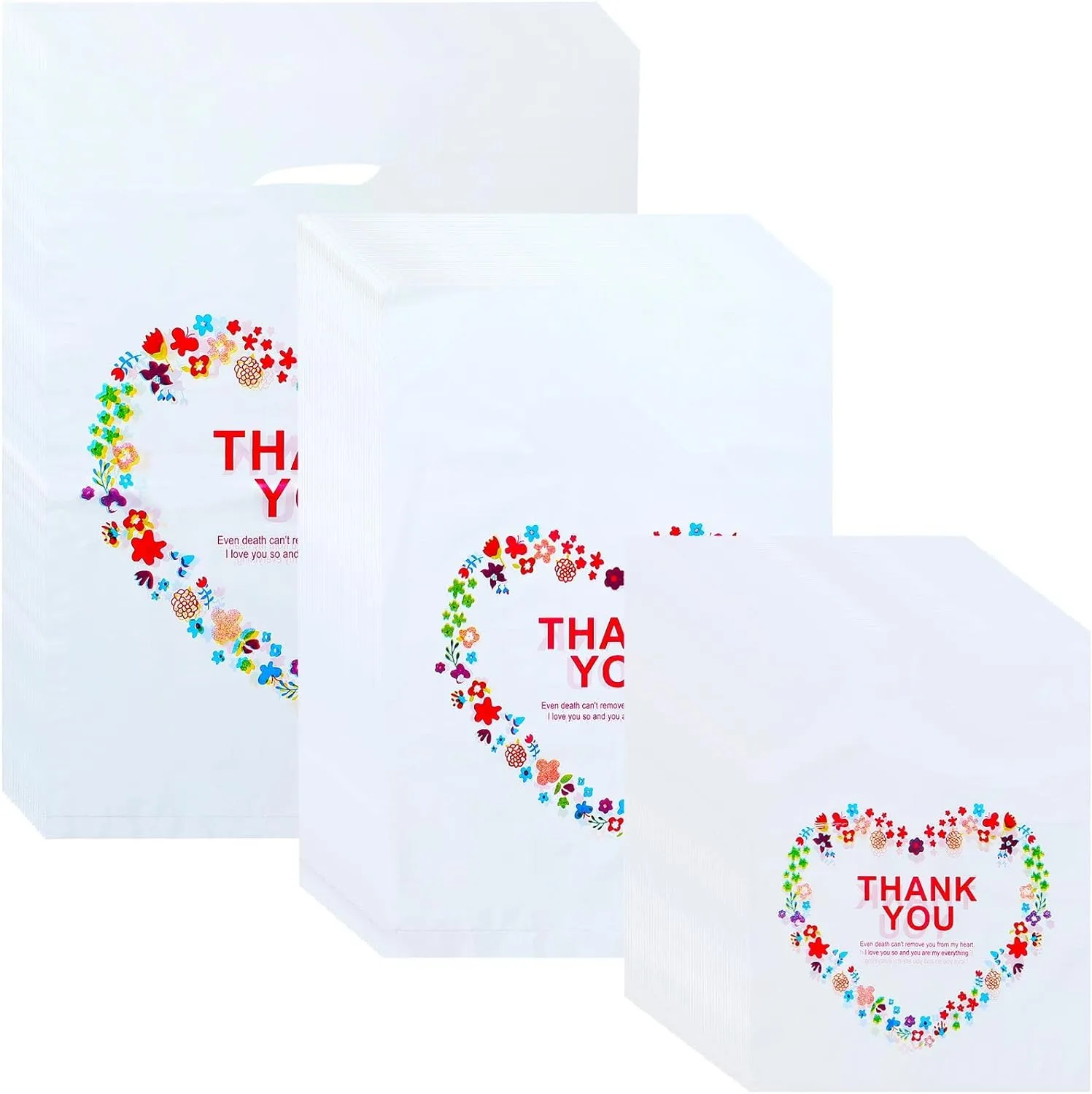 Leinuosen 200 Pcs 3 Size Thank You Shopping Bags Bulk Merchandise Small Sales Bags for Small Business Plastic Retail Gift with Handle(Heart)
