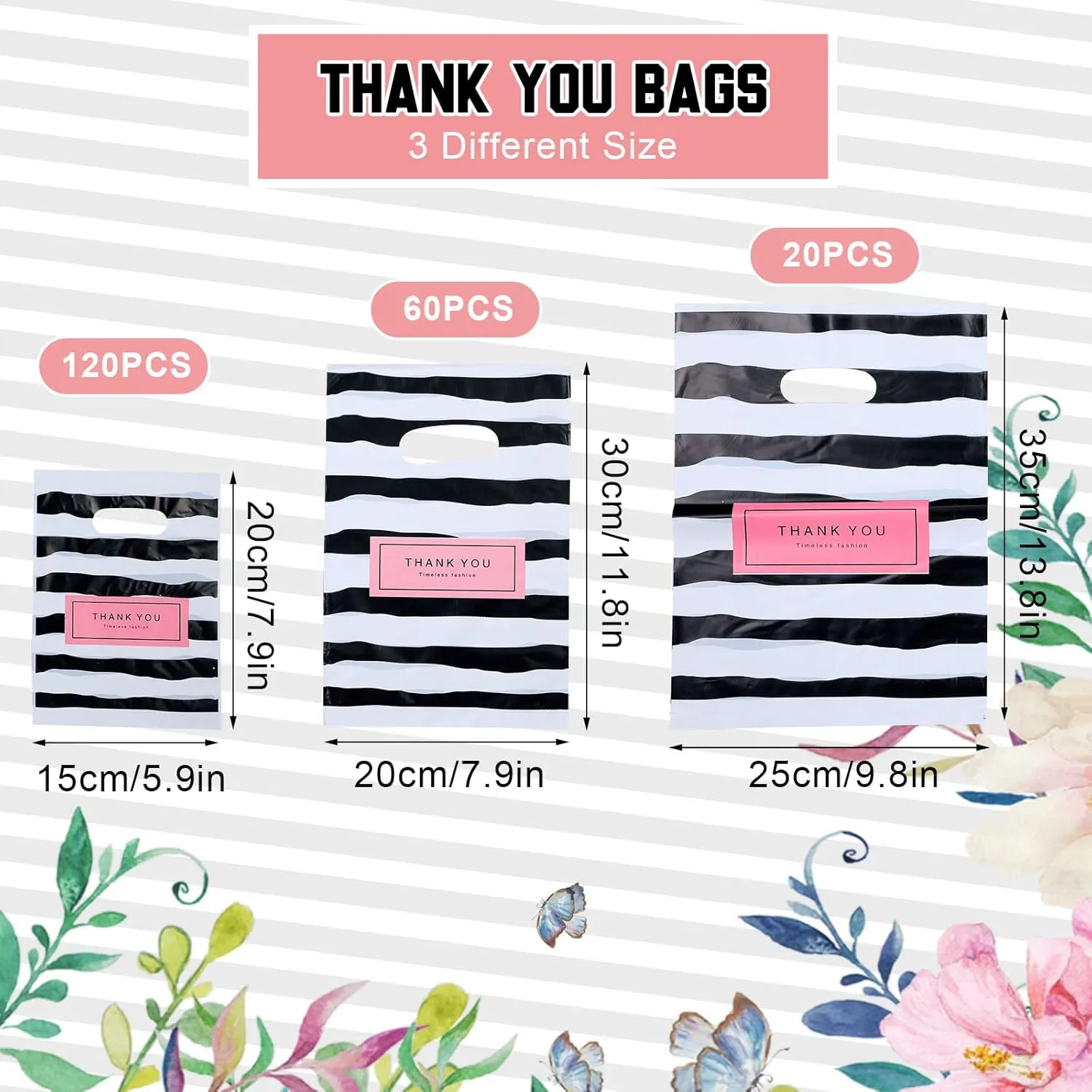 Leinuosen 200 Pcs 3 Size Thank You Shopping Bags Bulk Merchandise Small Sales Bags for Small Business Plastic Retail Gift with Handle(Stripe)