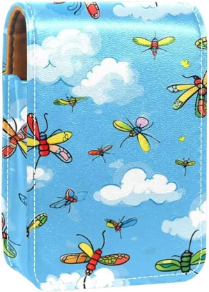 Lipstick Case,Leather Lip Gloss Lipstick Organizer with Mirror,Mini Lipstick Holder Bag,Blue Cartoon Dragonfly