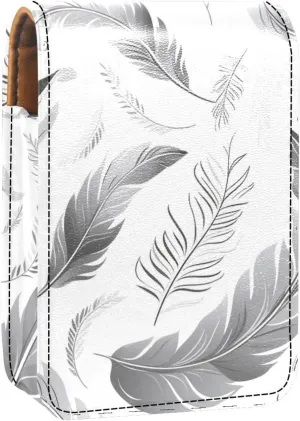 Lipstick Case,Leather Lip Gloss Lipstick Organizer with Mirror,Mini Lipstick Holder Bag,Feather Plant Leaf Floral