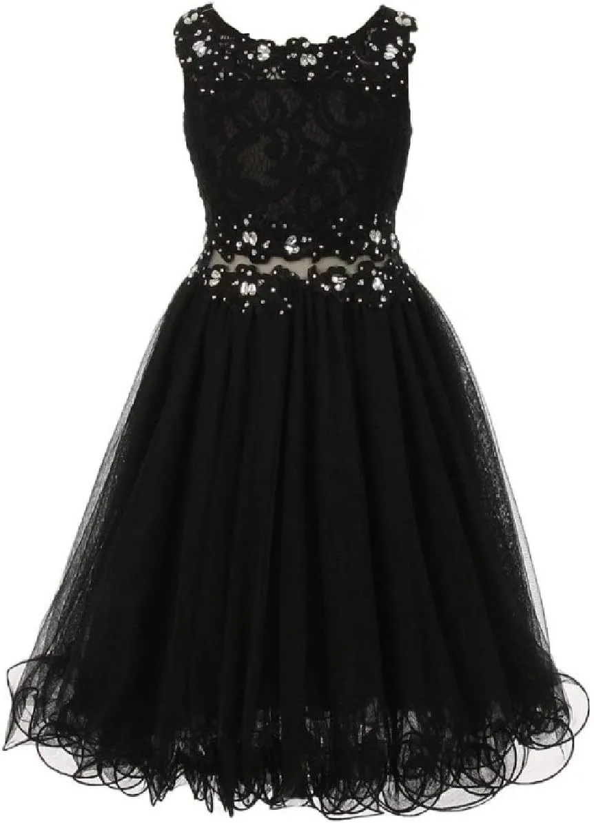 Little Girls See Through Waistline Lace Flowers Girls Dresses