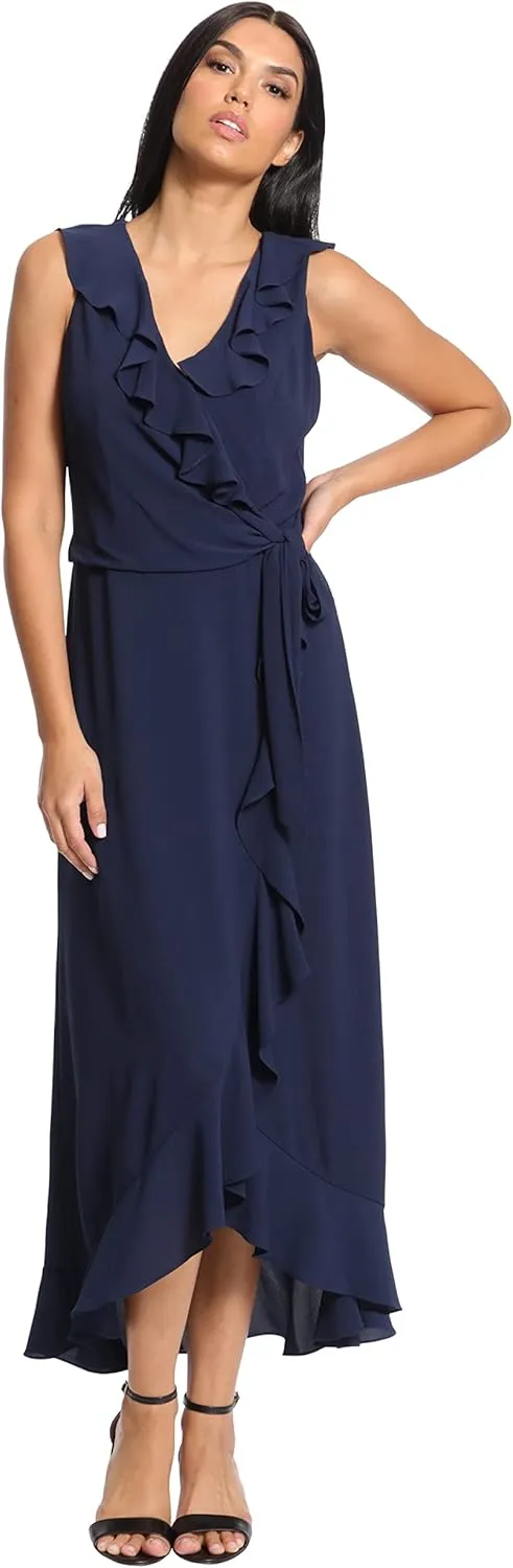 London Times Women's Petite Soft and Flowy Feminine Ruffle Hi-Low Faux Wrap Maxi Dress