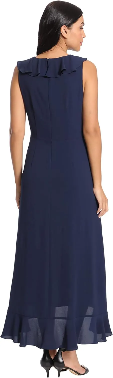 London Times Women's Petite Soft and Flowy Feminine Ruffle Hi-Low Faux Wrap Maxi Dress