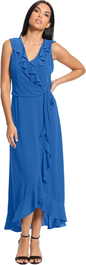 London Times Women's Soft and Flowy Feminine Ruffle Hi-Low Faux Wrap Maxi Dress