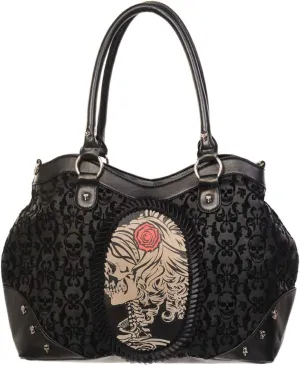 Lost Queen Gothic Flocked Skull Cameo Skull Lady Rose Black Handbag, Large