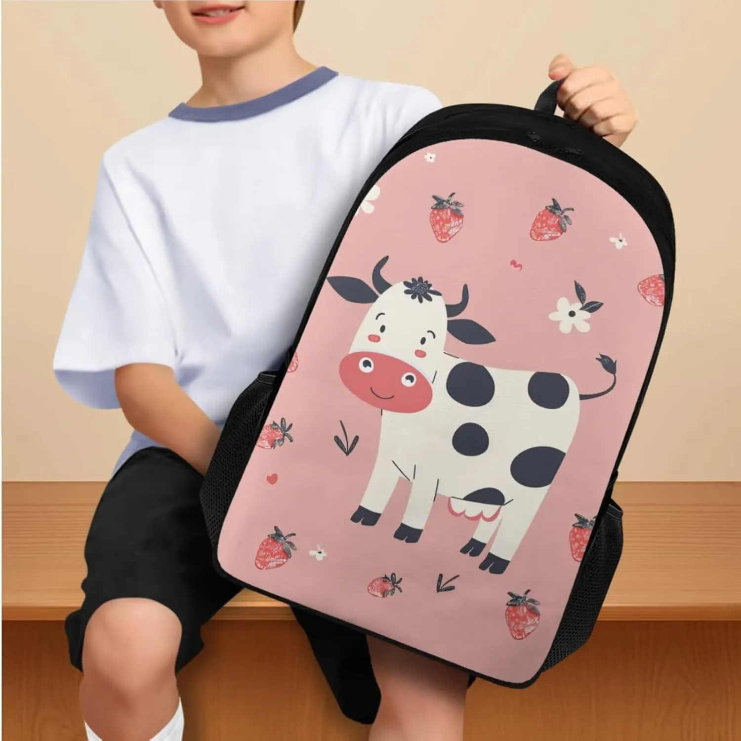 Lovely Cow Print Travel Backpack for Kids 9-15 Years Old Tote Bag for Children Waterproof Portable Multi-Functional School Bag for for Outdoor Picnic Hiking Vacation