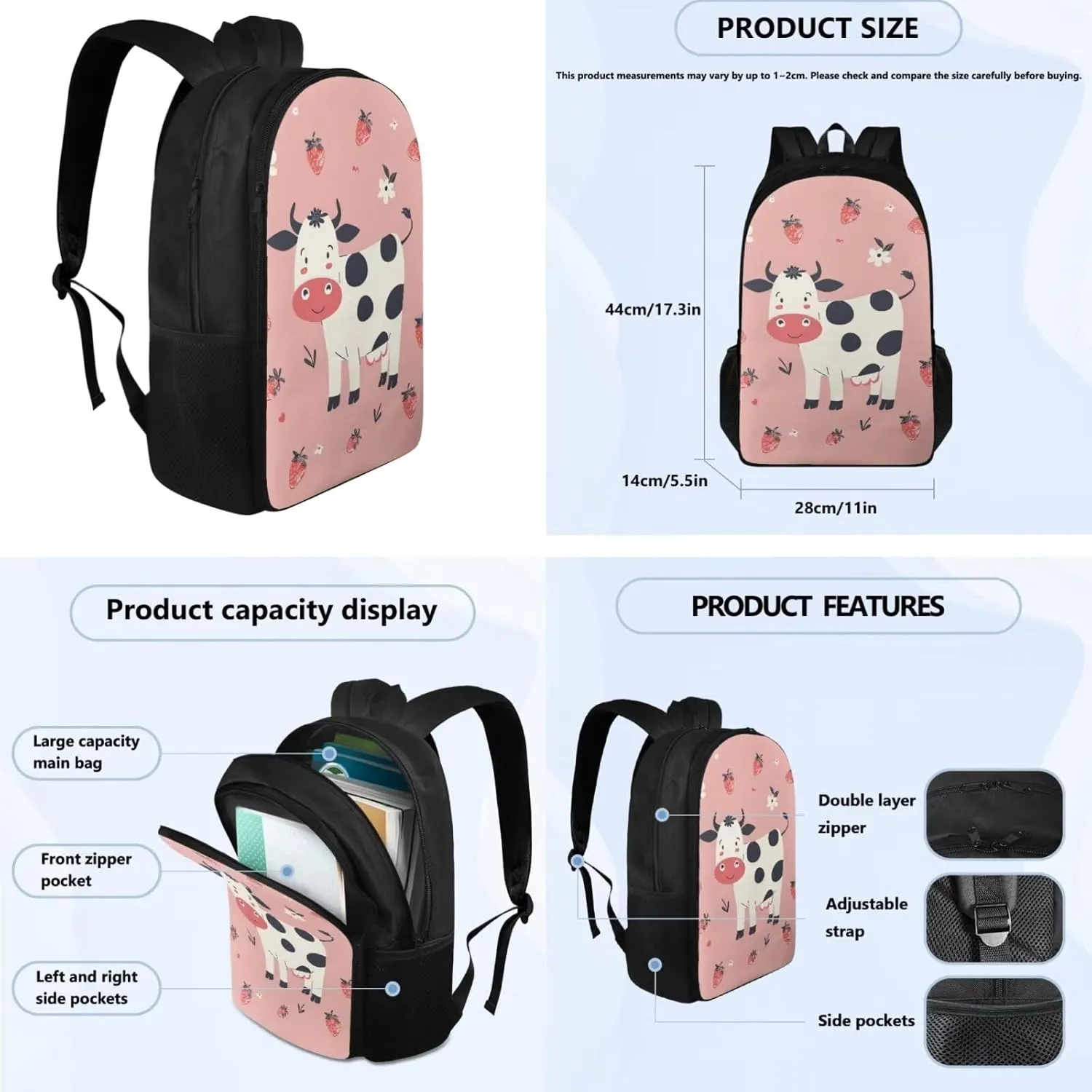 Lovely Cow Print Travel Backpack for Kids 9-15 Years Old Tote Bag for Children Waterproof Portable Multi-Functional School Bag for for Outdoor Picnic Hiking Vacation