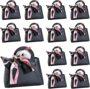 LPEIEB 12 Pack Leather Ribbon Candy Bag Gift Bags PU Wedding Gift Bags with Handle Ribbon Reusable Party Favor Boxes for Weddings Birthdays Christmas Baby Showers Halloween(Black)