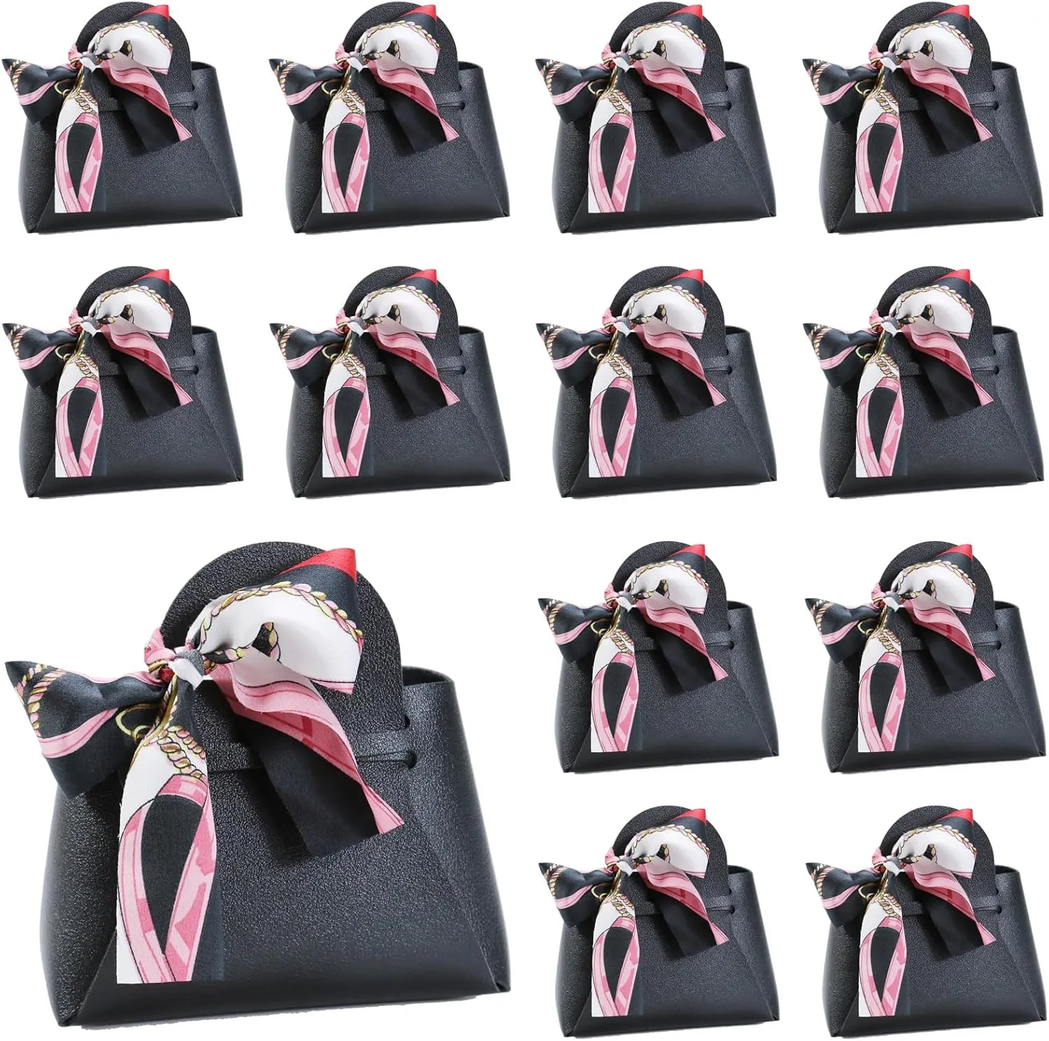 LPEIEB 12 Pack Leather Ribbon Candy Bag Gift Bags PU Wedding Gift Bags with Handle Ribbon Reusable Party Favor Boxes for Weddings Birthdays Christmas Baby Showers Halloween(Black)