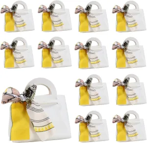 LPEIEB 12 Pack Leather Ribbon Candy Bag Gift Bags PU Wedding Gift Bags with Handle Ribbon Reusable Party Favor Boxes for Weddings Birthdays Christmas Baby Showers Halloween(White)