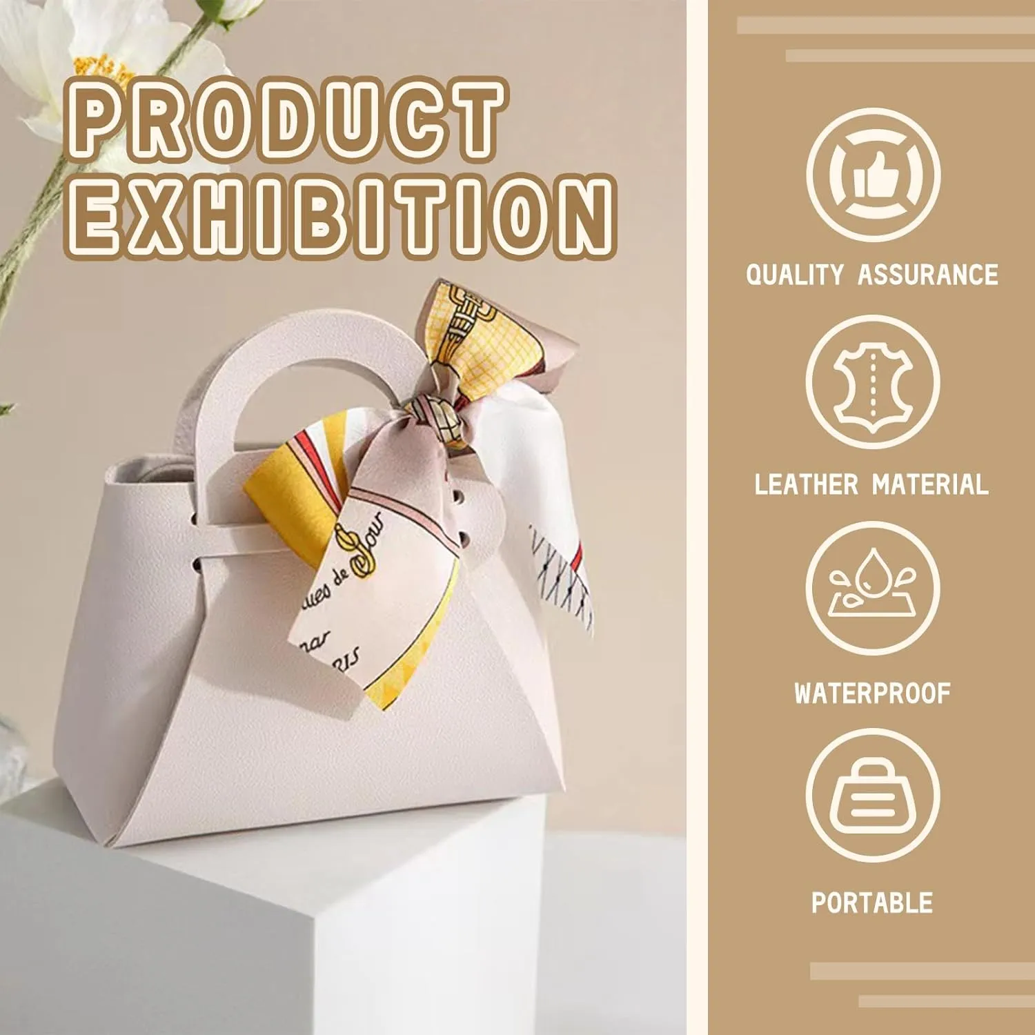 LPEIEB 12 Pack Leather Ribbon Candy Bag Gift Bags PU Wedding Gift Bags with Handle Ribbon Reusable Party Favor Boxes for Weddings Birthdays Christmas Baby Showers Halloween(White)