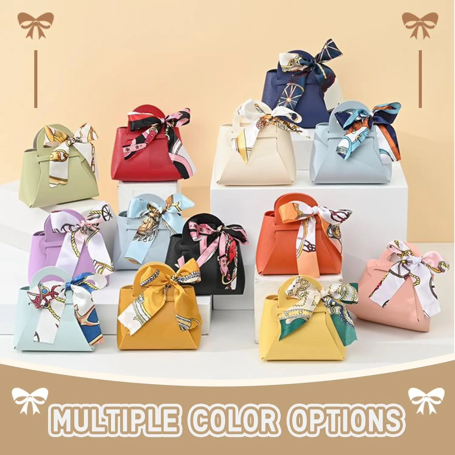 LPEIEB 12 Pack Leather Ribbon Candy Bag Gift Bags PU Wedding Gift Bags with Handle Ribbon Reusable Party Favor Boxes for Weddings Birthdays Christmas Baby Showers Halloween(White)