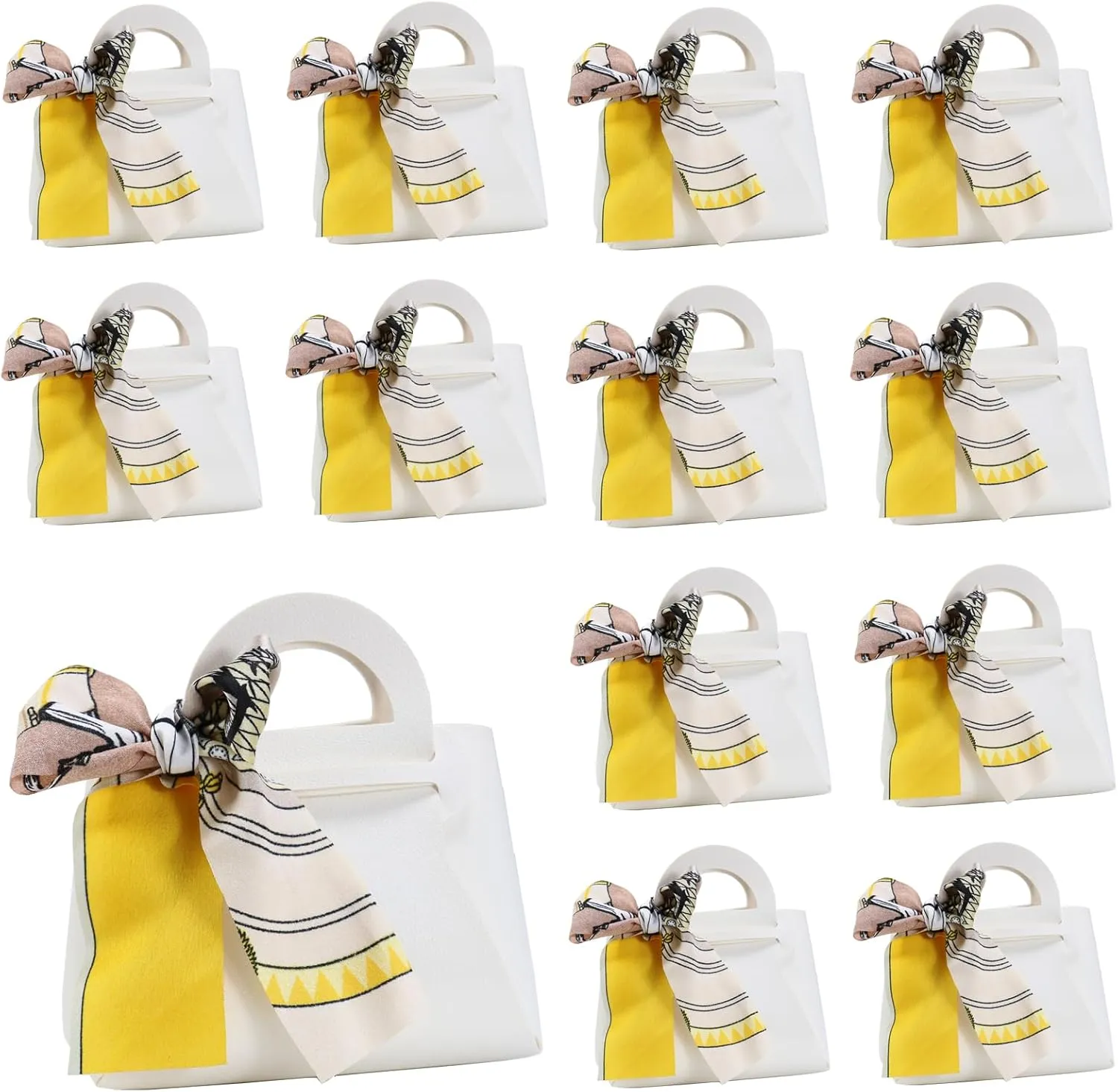 LPEIEB 12 Pack Leather Ribbon Candy Bag Gift Bags PU Wedding Gift Bags with Handle Ribbon Reusable Party Favor Boxes for Weddings Birthdays Christmas Baby Showers Halloween(White)