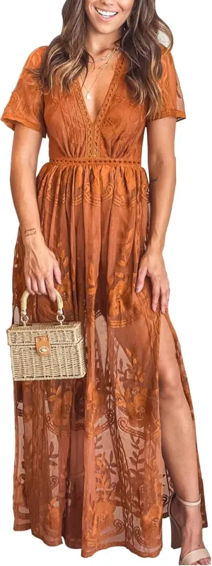 LRISES Womens V Neck Floral Embroidered Lace Wedding Maxi Dress Boho Short Sleeve Slit Bridesmaid Evening Party Dresses