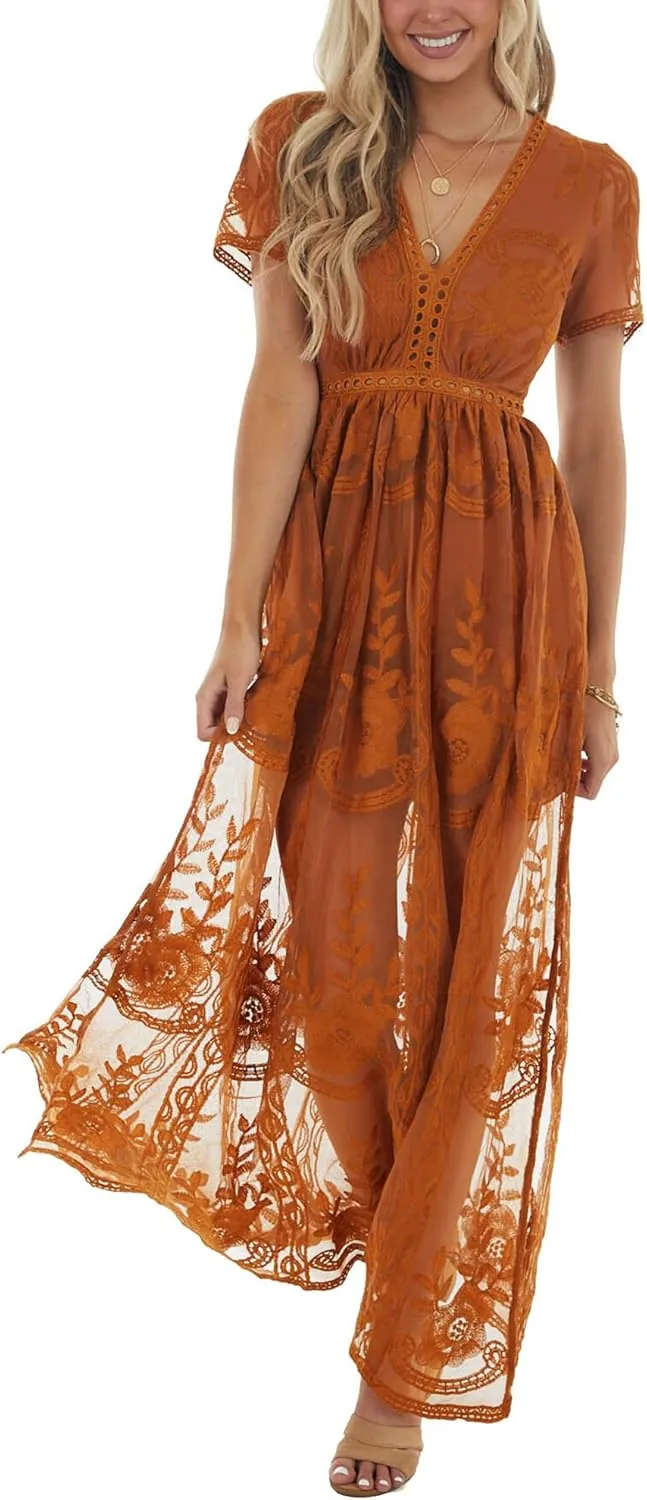 LRISES Womens V Neck Floral Embroidered Lace Wedding Maxi Dress Boho Short Sleeve Slit Bridesmaid Evening Party Dresses