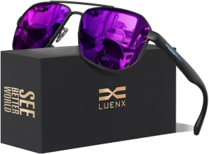 LUENX Aviator Sunglasses for Men Square Polarized Polygon Lens - UV 400 Protection with Accessories 61MM Driving Outdoor