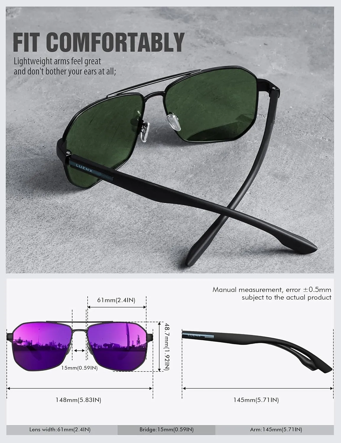 LUENX Aviator Sunglasses for Men Square Polarized Polygon Lens - UV 400 Protection with Accessories 61MM Driving Outdoor