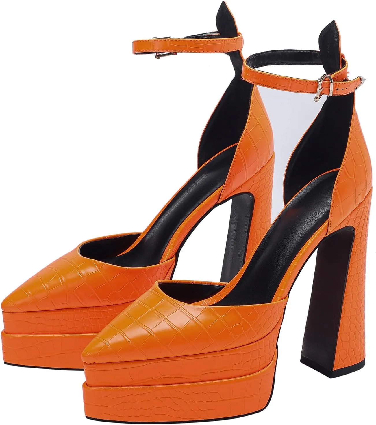 Lutalica W Trendy Women's Pointed Toe Sexy Crocodile Pattern Triple Platform Extreme High Block Heel Ankle Strap Pumps