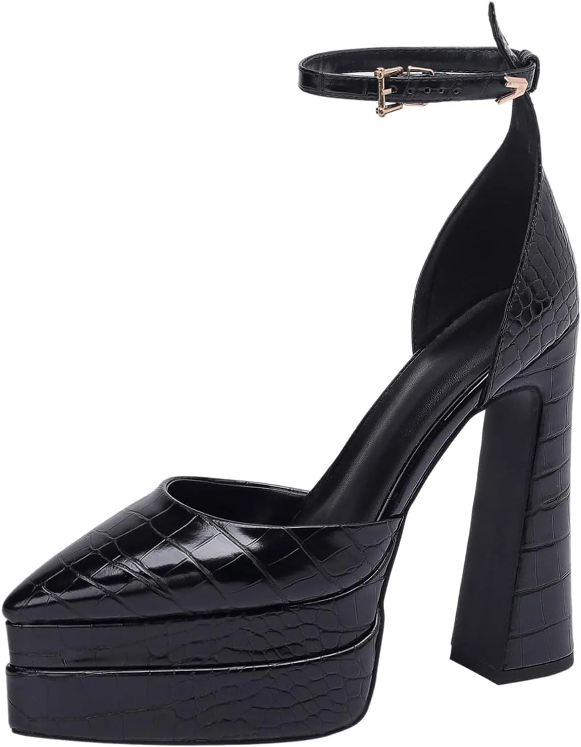 Lutalica W Trendy Women's Pointed Toe Sexy Crocodile Pattern Triple Platform Extreme High Block Heel Ankle Strap Pumps