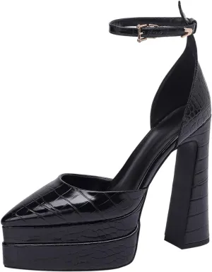 Lutalica W Trendy Women's Pointed Toe Sexy Crocodile Pattern Triple Platform Extreme High Block Heel Ankle Strap Pumps