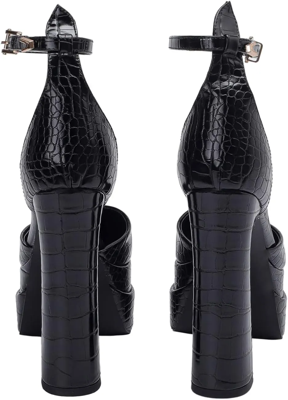 Lutalica W Trendy Women's Pointed Toe Sexy Crocodile Pattern Triple Platform Extreme High Block Heel Ankle Strap Pumps