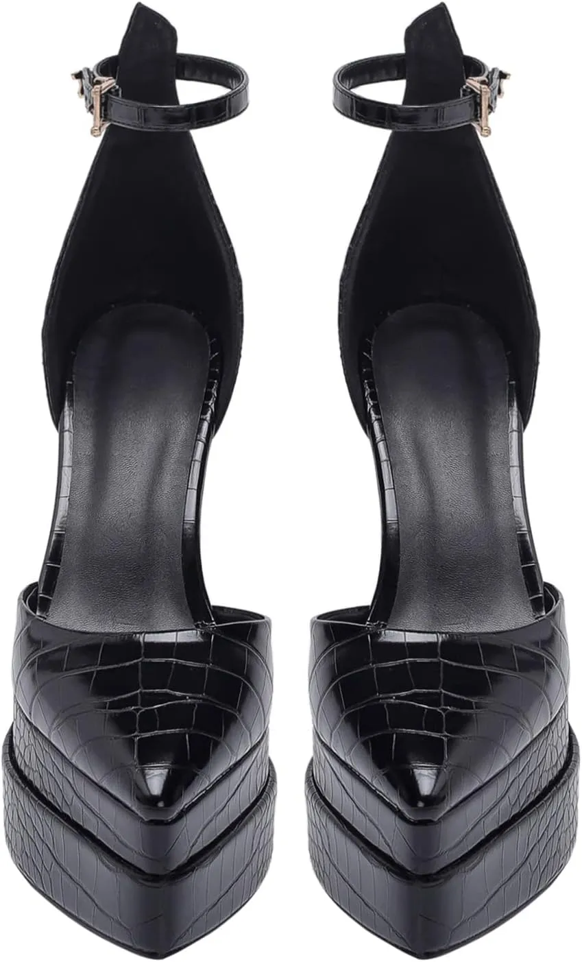 Lutalica W Trendy Women's Pointed Toe Sexy Crocodile Pattern Triple Platform Extreme High Block Heel Ankle Strap Pumps