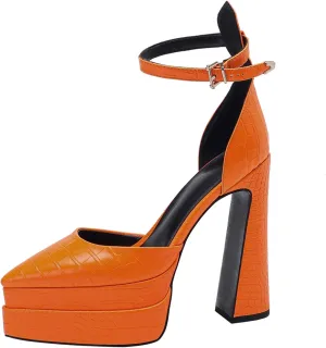 Lutalica W Trendy Women's Pointed Toe Sexy Crocodile Pattern Triple Platform Extreme High Block Heel Ankle Strap Pumps