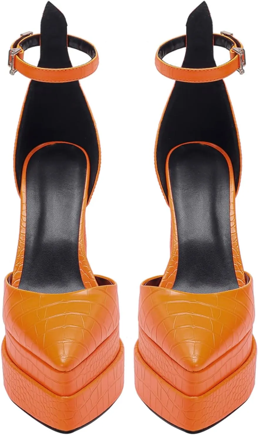 Lutalica W Trendy Women's Pointed Toe Sexy Crocodile Pattern Triple Platform Extreme High Block Heel Ankle Strap Pumps