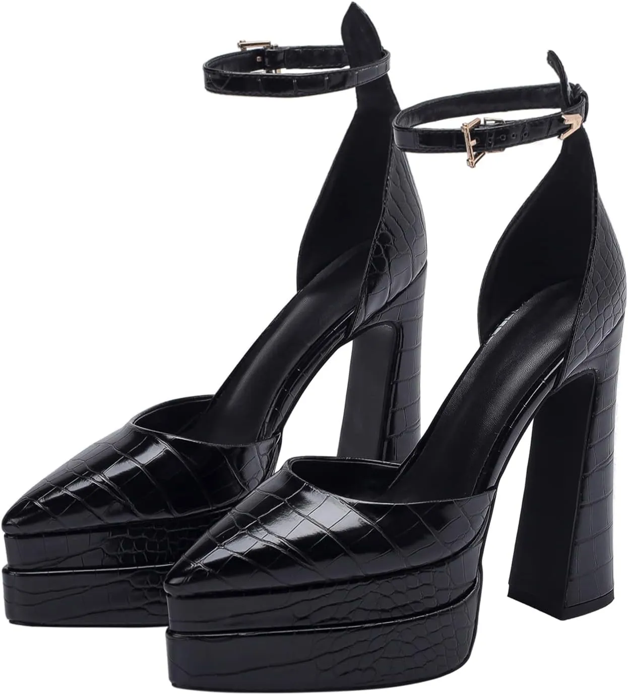 Lutalica W Trendy Women's Pointed Toe Sexy Crocodile Pattern Triple Platform Extreme High Block Heel Ankle Strap Pumps