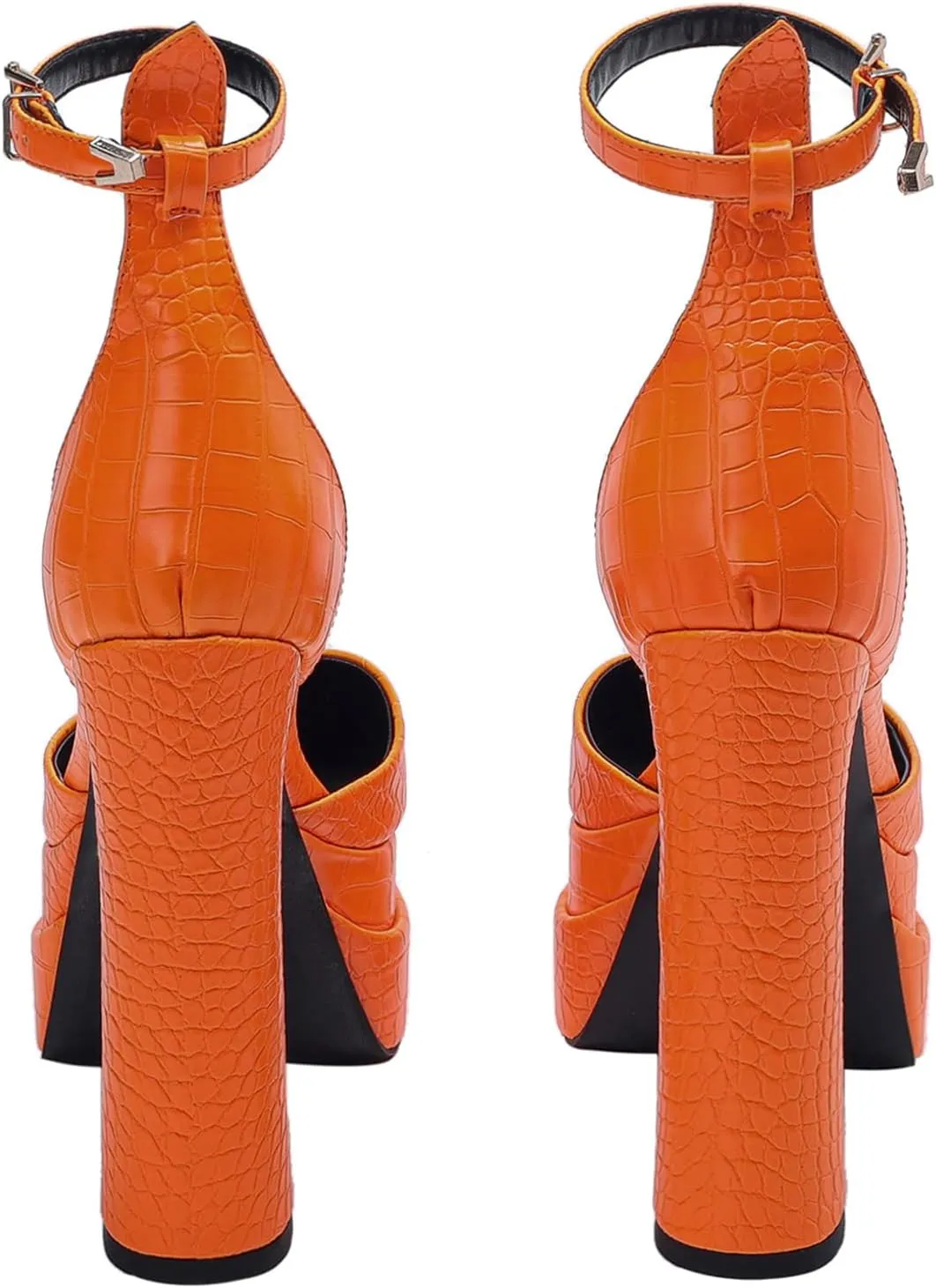 Lutalica W Trendy Women's Pointed Toe Sexy Crocodile Pattern Triple Platform Extreme High Block Heel Ankle Strap Pumps