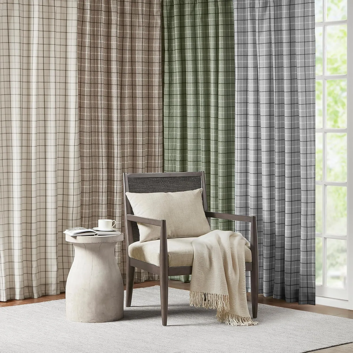 Madison Park Anaheim Cabin Plaid Curtain Window, Thermal Insulated Fleece Lining, Living Room Decor Room Darkening Drape for Bedroom, 1-Single Panel Pack, 50" x 84" Faux Leather Tab, Grey