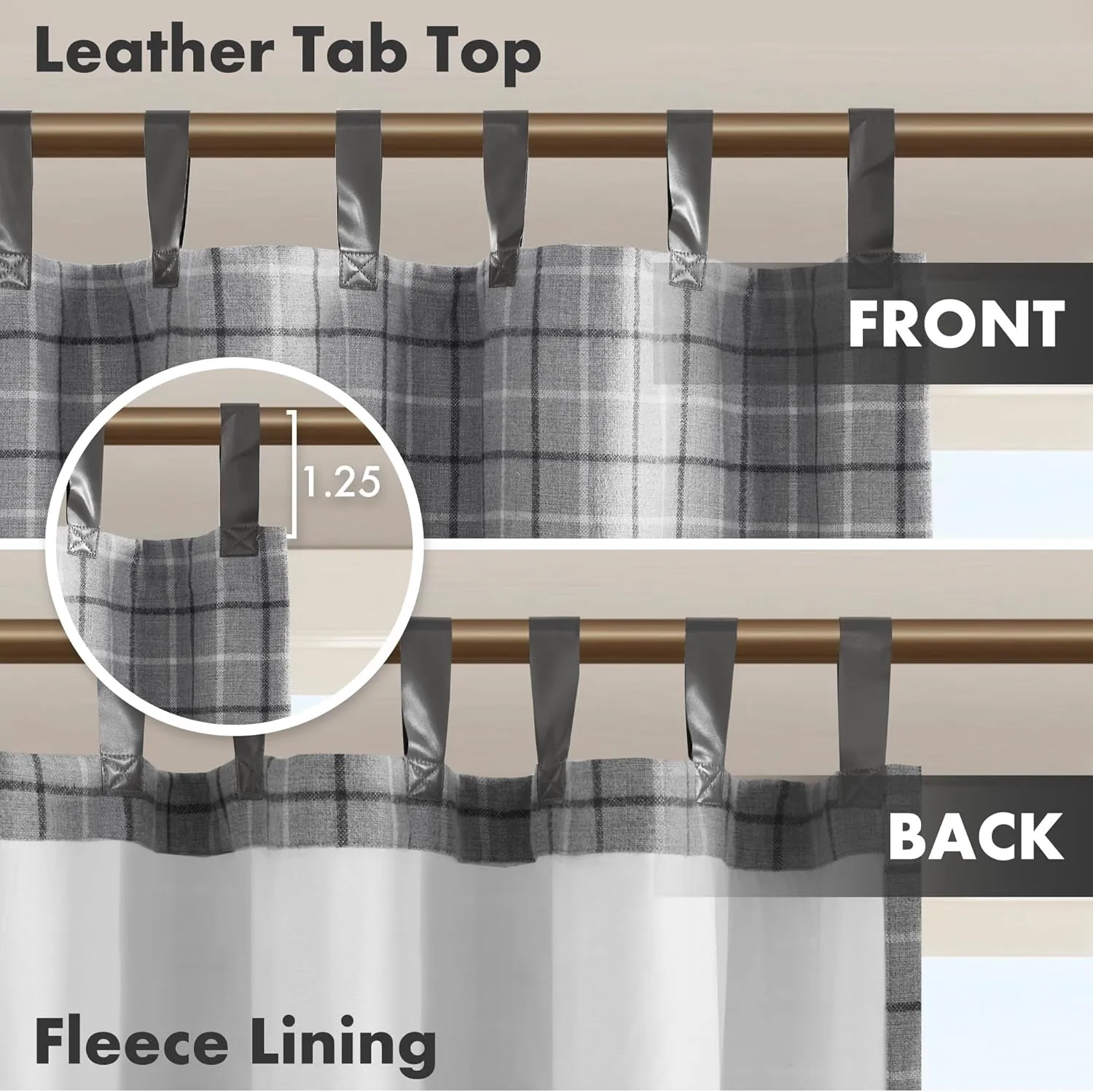 Madison Park Anaheim Cabin Plaid Curtain Window, Thermal Insulated Fleece Lining, Living Room Decor Room Darkening Drape for Bedroom, 1-Single Panel Pack, 50" x 84" Faux Leather Tab, Grey