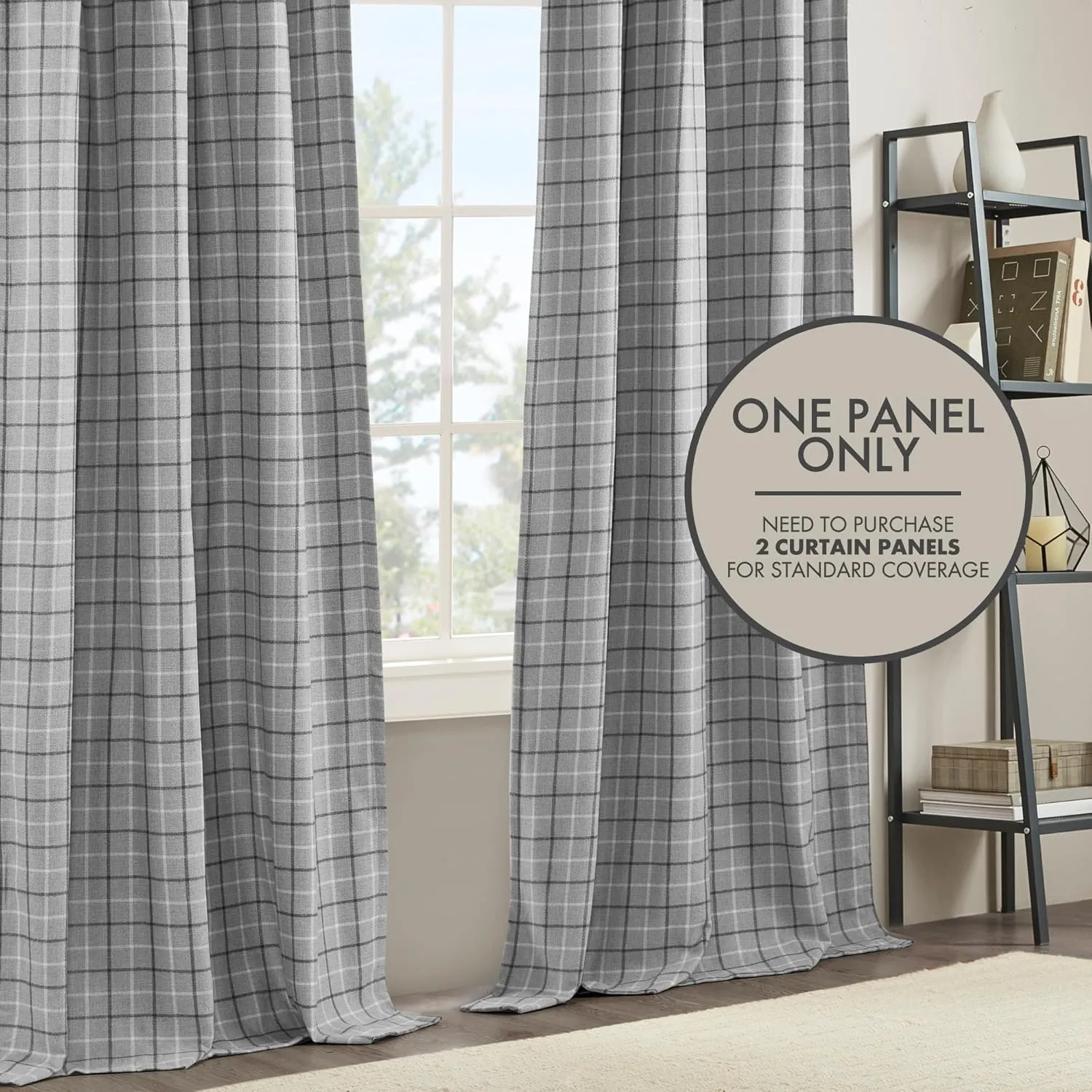 Madison Park Anaheim Cabin Plaid Curtain Window, Thermal Insulated Fleece Lining, Living Room Decor Room Darkening Drape for Bedroom, 1-Single Panel Pack, 50" x 84" Faux Leather Tab, Grey