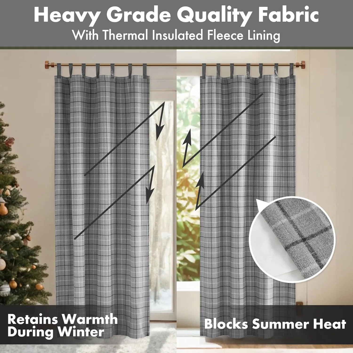 Madison Park Anaheim Cabin Plaid Curtain Window, Thermal Insulated Fleece Lining, Living Room Decor Room Darkening Drape for Bedroom, 1-Single Panel Pack, 50" x 84" Faux Leather Tab, Grey