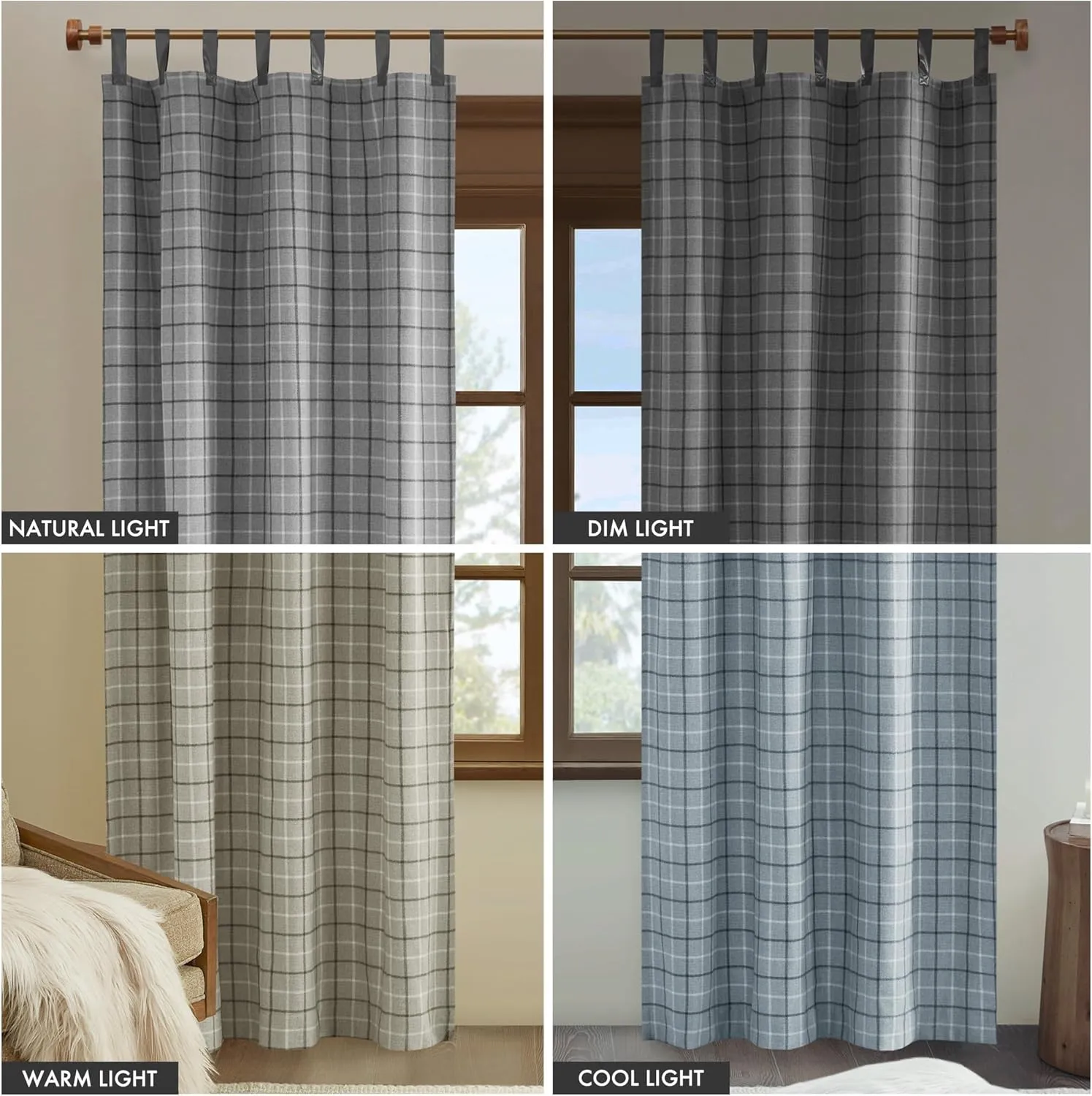 Madison Park Anaheim Cabin Plaid Curtain Window, Thermal Insulated Fleece Lining, Living Room Decor Room Darkening Drape for Bedroom, 1-Single Panel Pack, 50" x 84" Faux Leather Tab, Grey