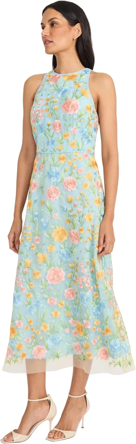 Maggy London Embroidered Women's High Neck Tea Length Special Occasion Midi-Formal Evening Party Cocktail Dress