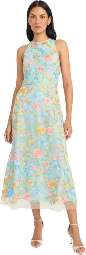 Maggy London Embroidered Women's High Neck Tea Length Special Occasion Midi-Formal Evening Party Cocktail Dress