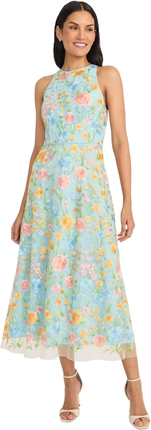 Maggy London Embroidered Women's High Neck Tea Length Special Occasion Midi-Formal Evening Party Cocktail Dress