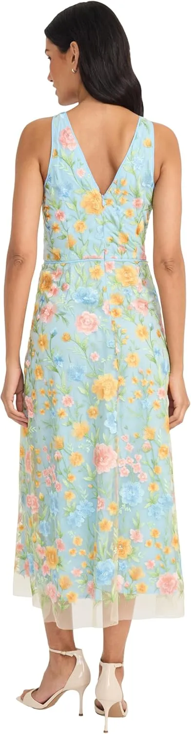Maggy London Embroidered Women's High Neck Tea Length Special Occasion Midi-Formal Evening Party Cocktail Dress