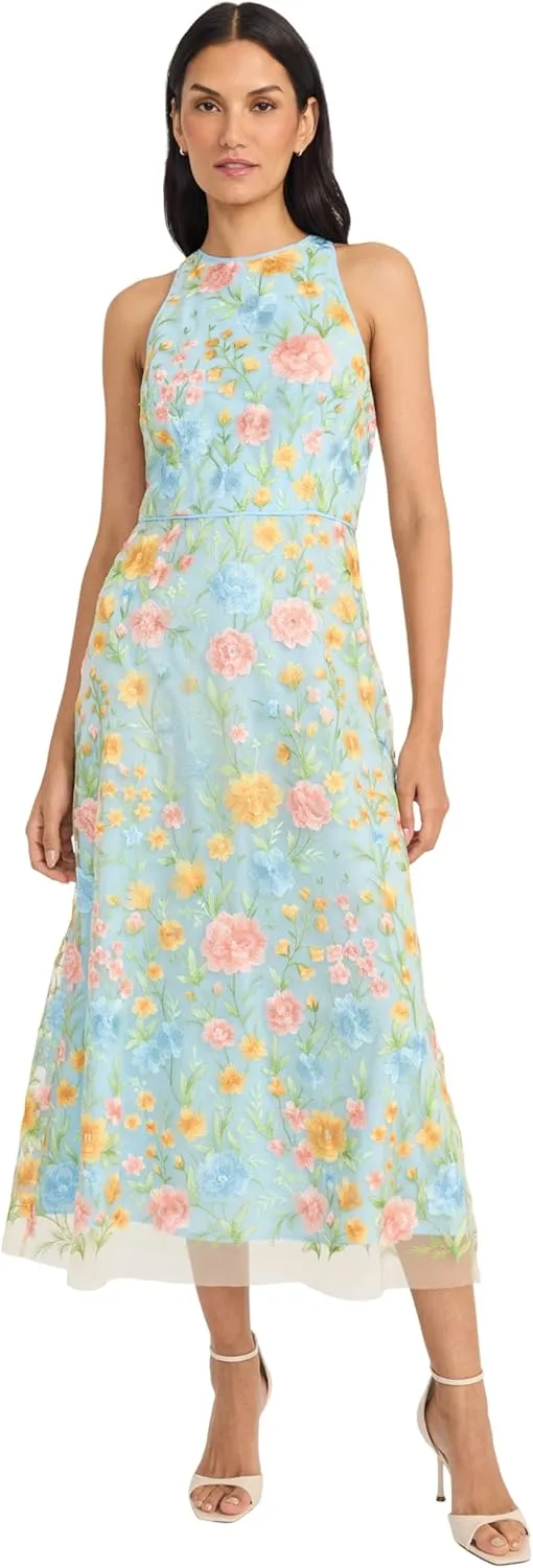 Maggy London Embroidered Women's High Neck Tea Length Special Occasion Midi-Formal Evening Party Cocktail Dress