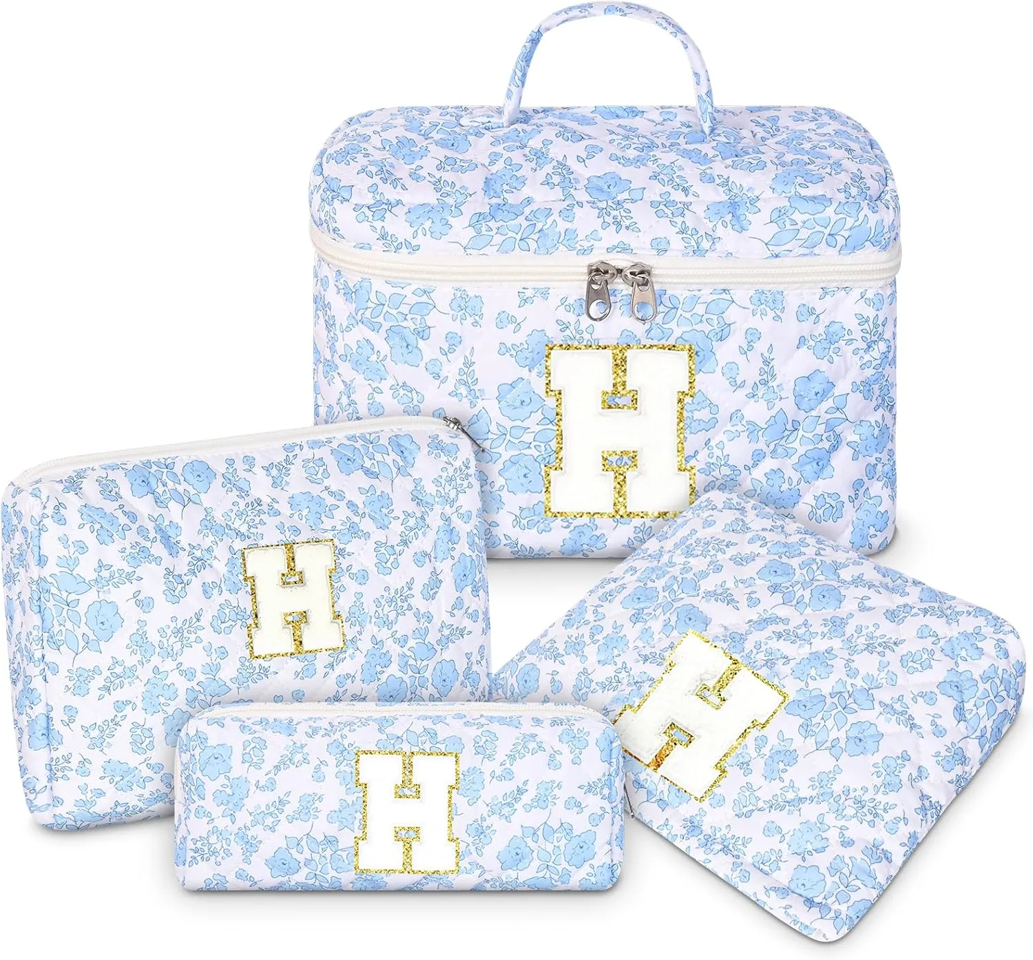 Makeup Bag, 4 Pcs Quilted Makeup Organizer Personalized Initial Gifts for Women Floral Make up Bag Cosmetic Bags Set Travel Toiletry Bag for Girlfriend Teen Girl Gifts Travel Essentials (Blue H)