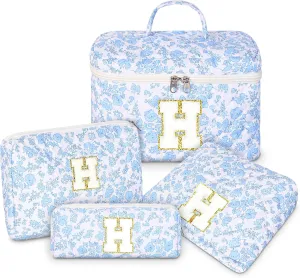 Makeup Bag, 4 Pcs Quilted Makeup Organizer Personalized Initial Gifts for Women Floral Make up Bag Cosmetic Bags Set Travel Toiletry Bag for Girlfriend Teen Girl Gifts Travel Essentials (Blue H)